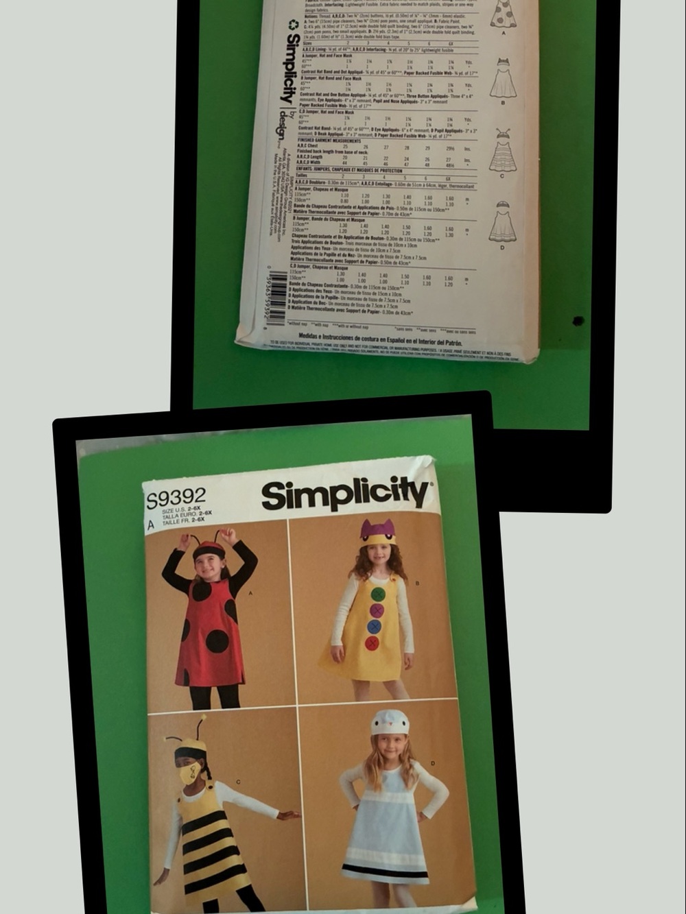Simplicity Kids Costume Pattern S9392 HALLOWEEN Size 2-6x